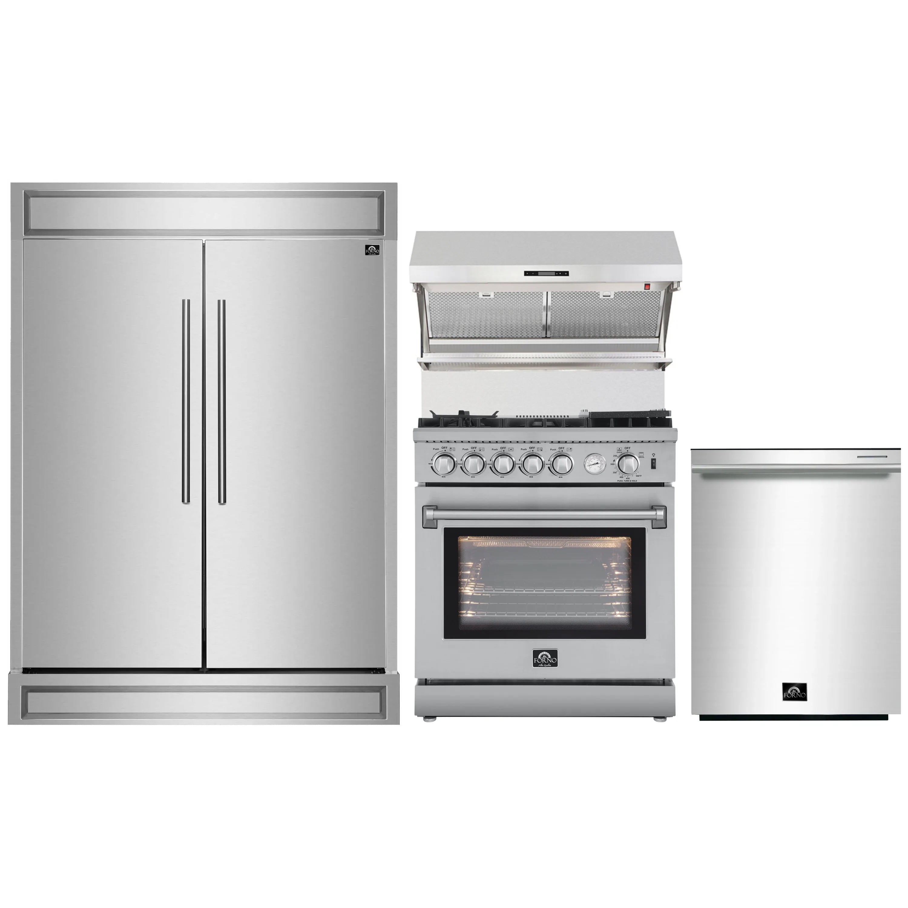 Stainless steel kitchen appliance set with refrigerator, gas range, hood and dishwasher