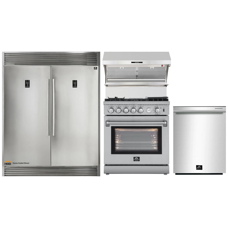 Forno 4-Piece Appliance Package - 30-Inch Gas Range with Air Fyer, 60-Inch Pro-Style Refrigerator, Wall Mount Hood with Backsplash, & 3-Rack Dishwasher in Stainless Steel