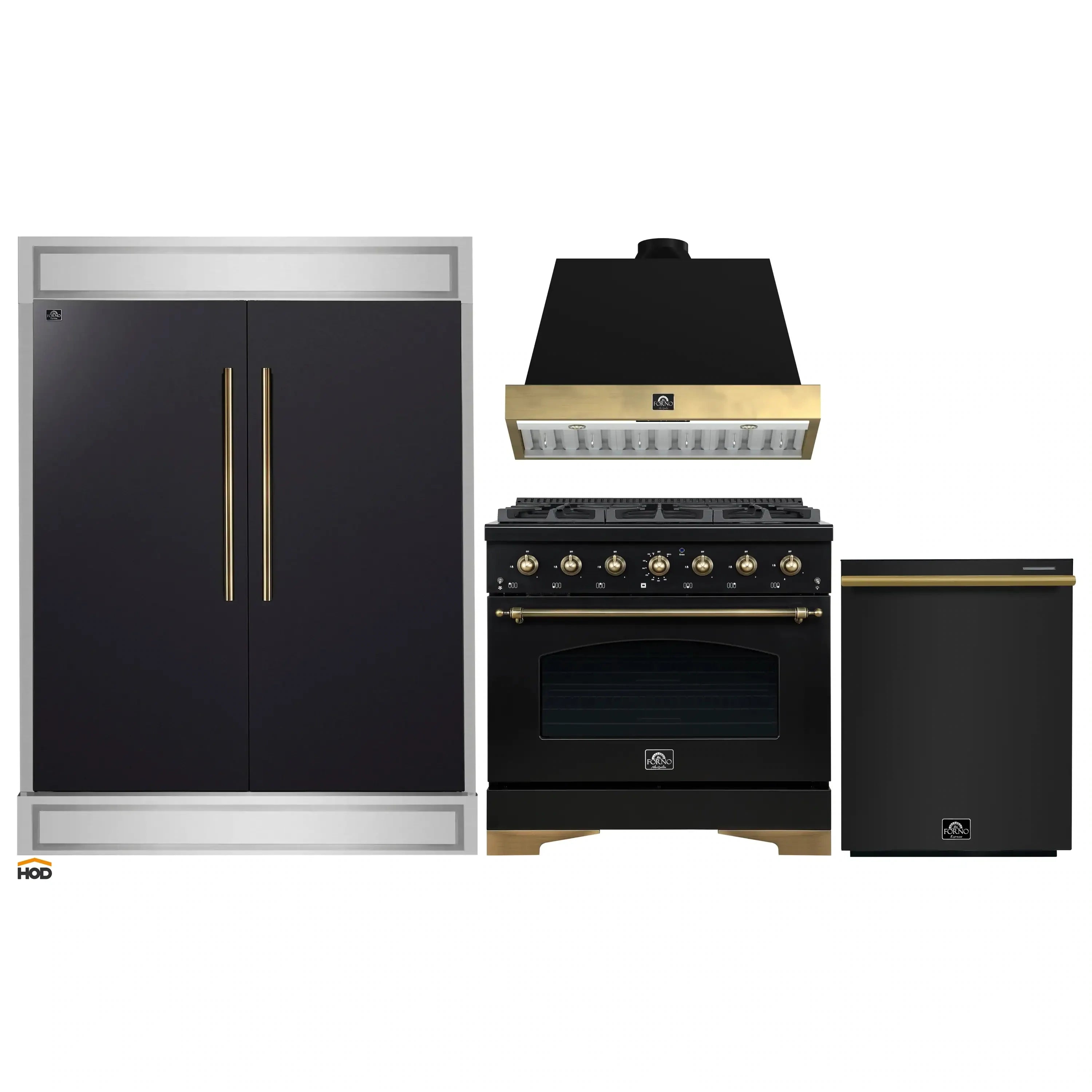 Black appliance package with dual fuel range, front control panel, oven, and matching fridge