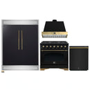 Forno 4-Piece Appliance Package - 36-Inch Dual Fuel Range, Wall Mount Range Hood, 60-Inch Convertible Refrigerator with Modern Trim, and Dishwasher in Black with Antique Brass Handle