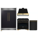 Forno 4-Piece Appliance Package - 36-Inch Dual Fuel Range, Wall Mount Range Hood, 60-Inch Convertible Refrigerator with Modern Grille Trim, and Dishwasher in Black with Antique Brass Handle