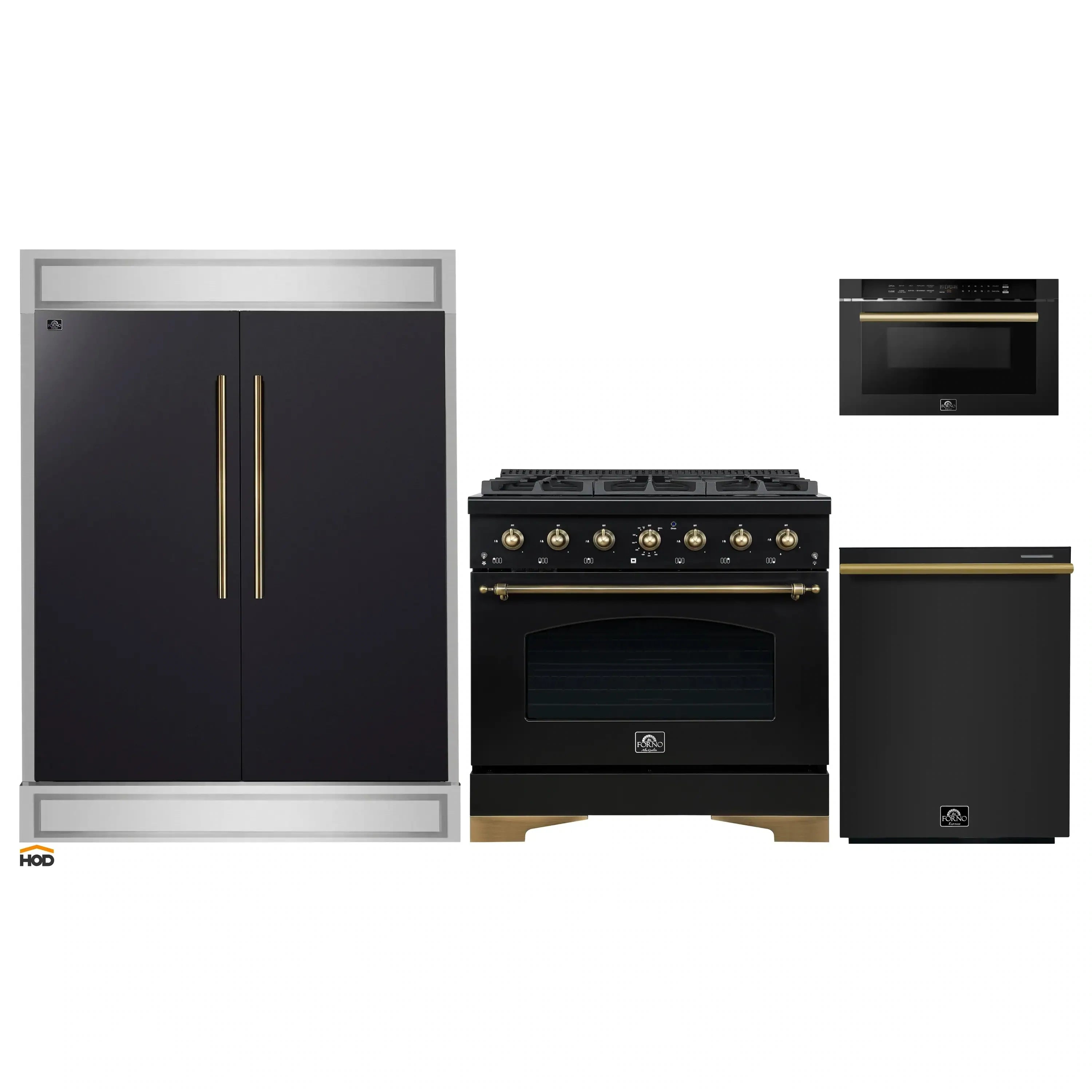 Forno appliance package set featuring black range, refrigerator, dishwasher, and oven