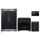 Forno 4-Piece Appliance Package - 36-Inch Dual Fuel Range, 60-Inch Convertible Refrigerator with Modern Grille Trim, Dishwasher, and 24-Inch Microwave Drawer in Black with Antique Brass Handle