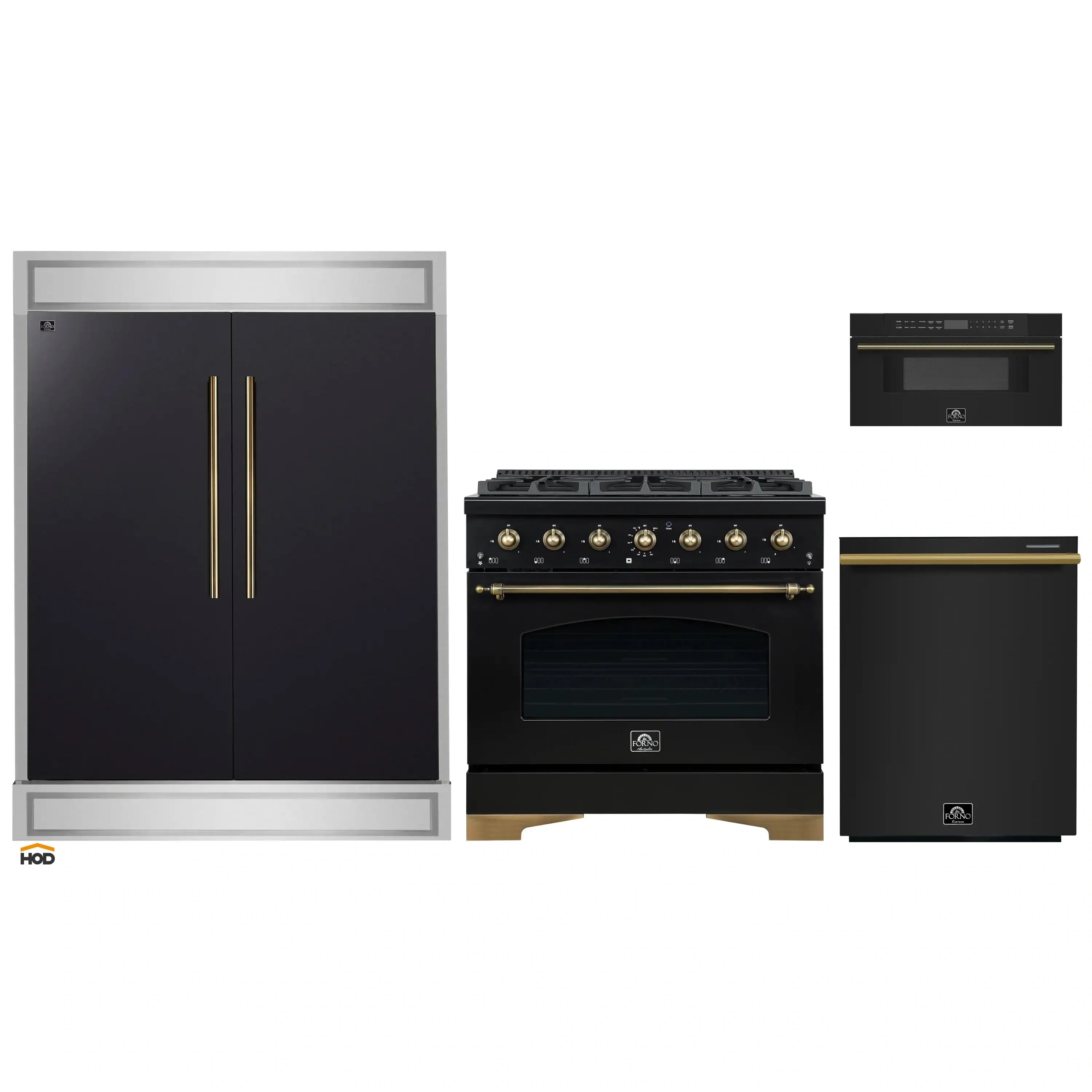 Kitchen appliance set with black refrigerator, dual-fuel range, and microwave drawer