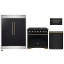 Forno 4-Piece Appliance Package - 36-Inch Dual Fuel Range, 60-Inch Convertible Refrigerator with Modern Trim, Dishwasher, and 30-Inch Microwave Drawer in Black with Antique Brass Handle