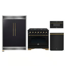 Forno 4-Piece Appliance Package - 36-Inch Dual Fuel Range, 60-Inch Convertible Refrigerator with Modern Grille Trim, Dishwasher, and 30-Inch Microwave Drawer in Black with Antique Brass Handle