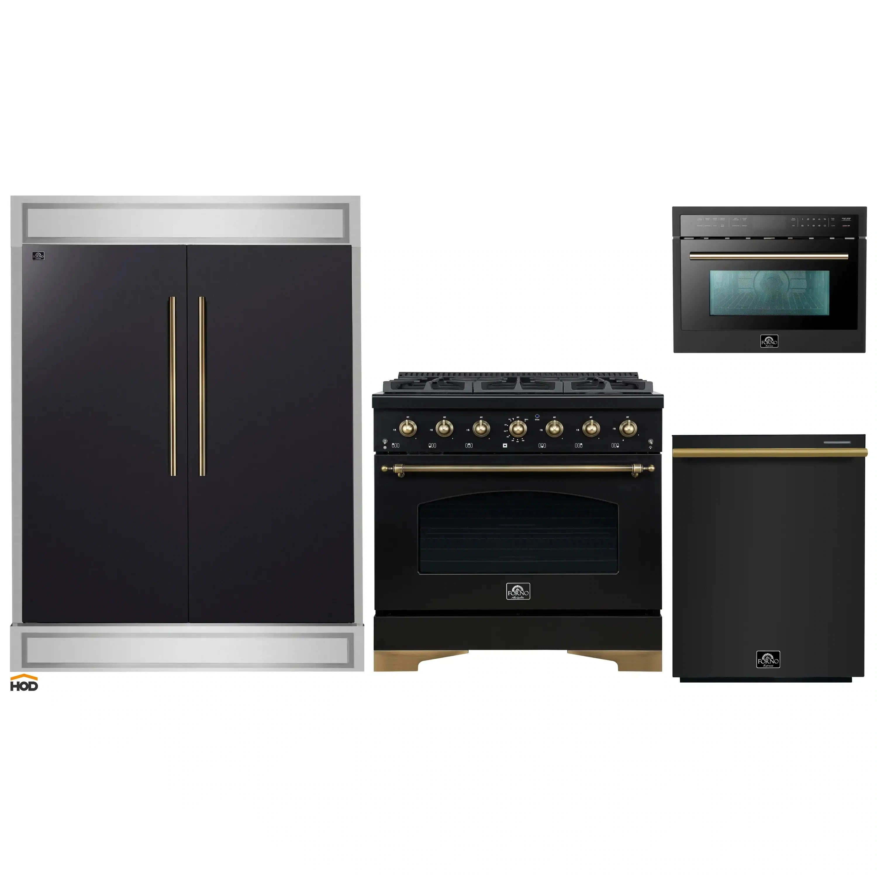 4-piece appliance package: black refrigerator, dual-fuel range, dishwasher, and microwave