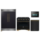 Forno 4-Piece Appliance Package - 36-Inch Dual Fuel Range, 60-Inch Convertible Refrigerator with Modern Grille Trim, Dishwasher, and 24-Inch Microwave Oven in Black with Antique Brass Handle