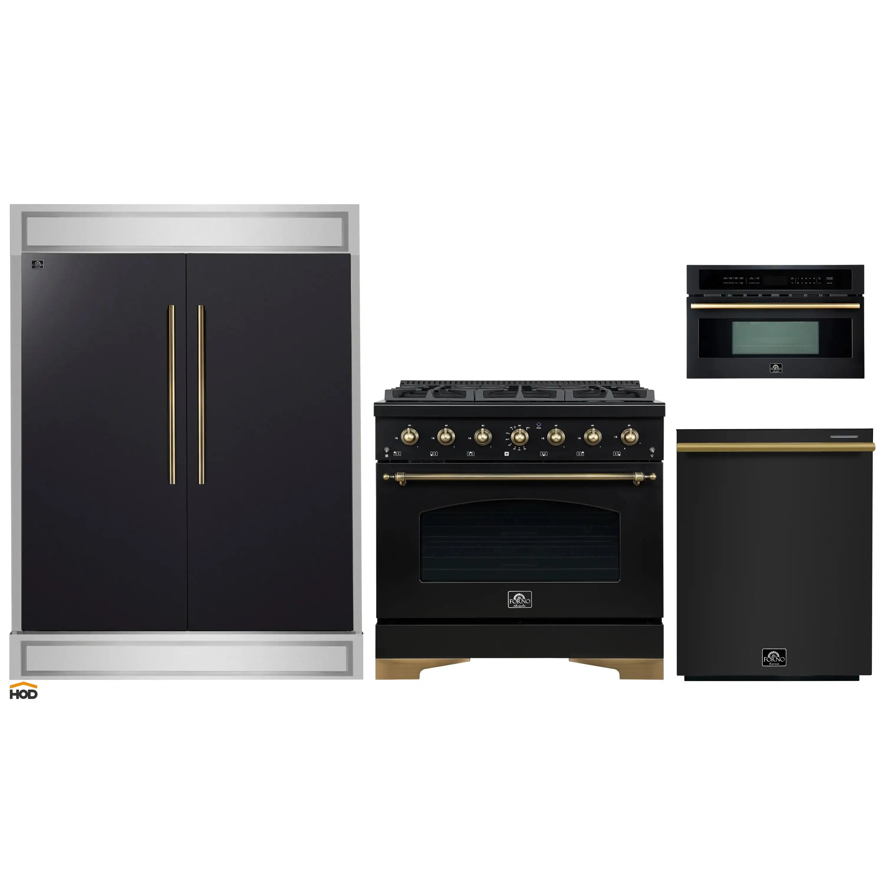 Kitchen appliance set featuring black range, dishwasher, and refrigerator with brass accents.