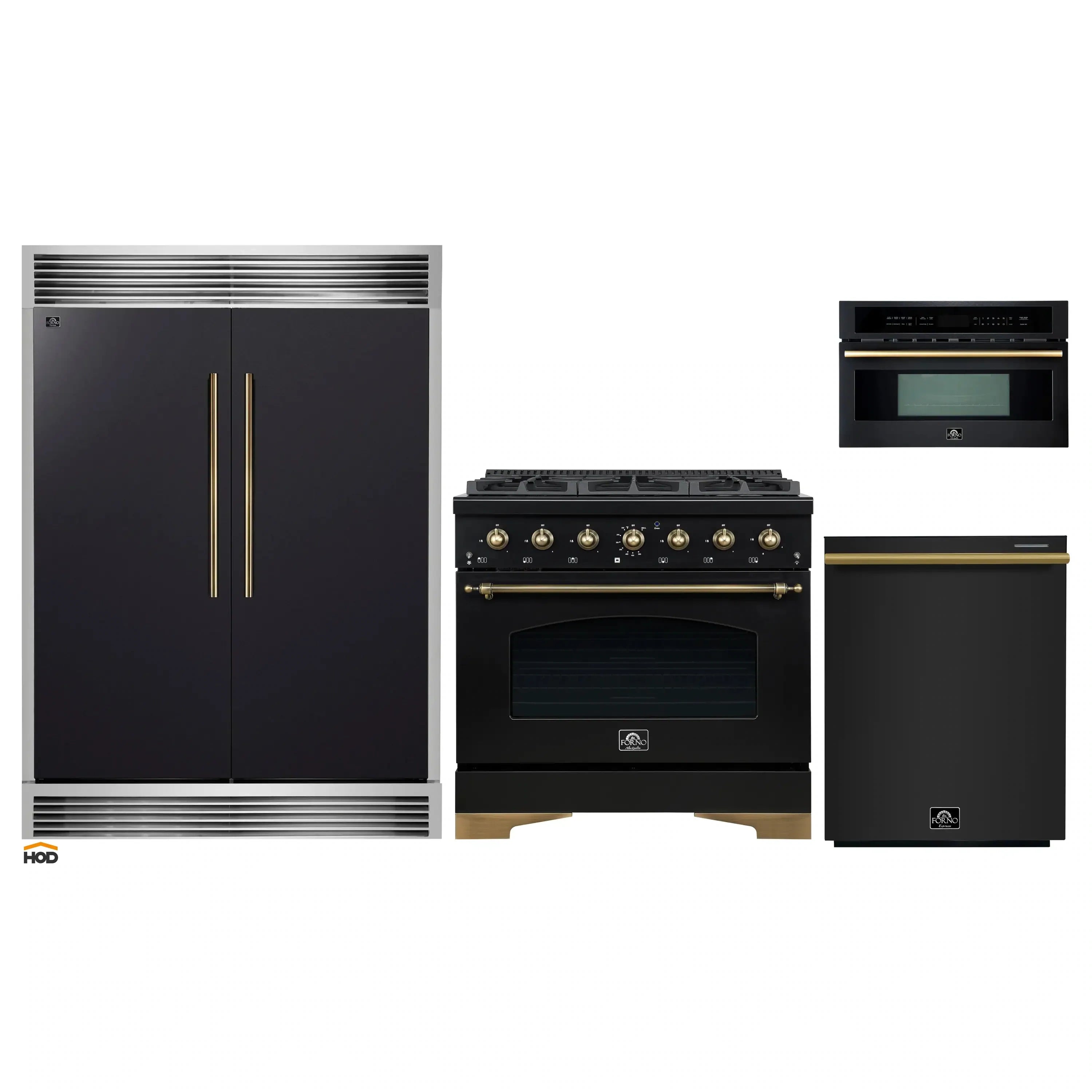 Black kitchen appliance package with antique brass handles and trims