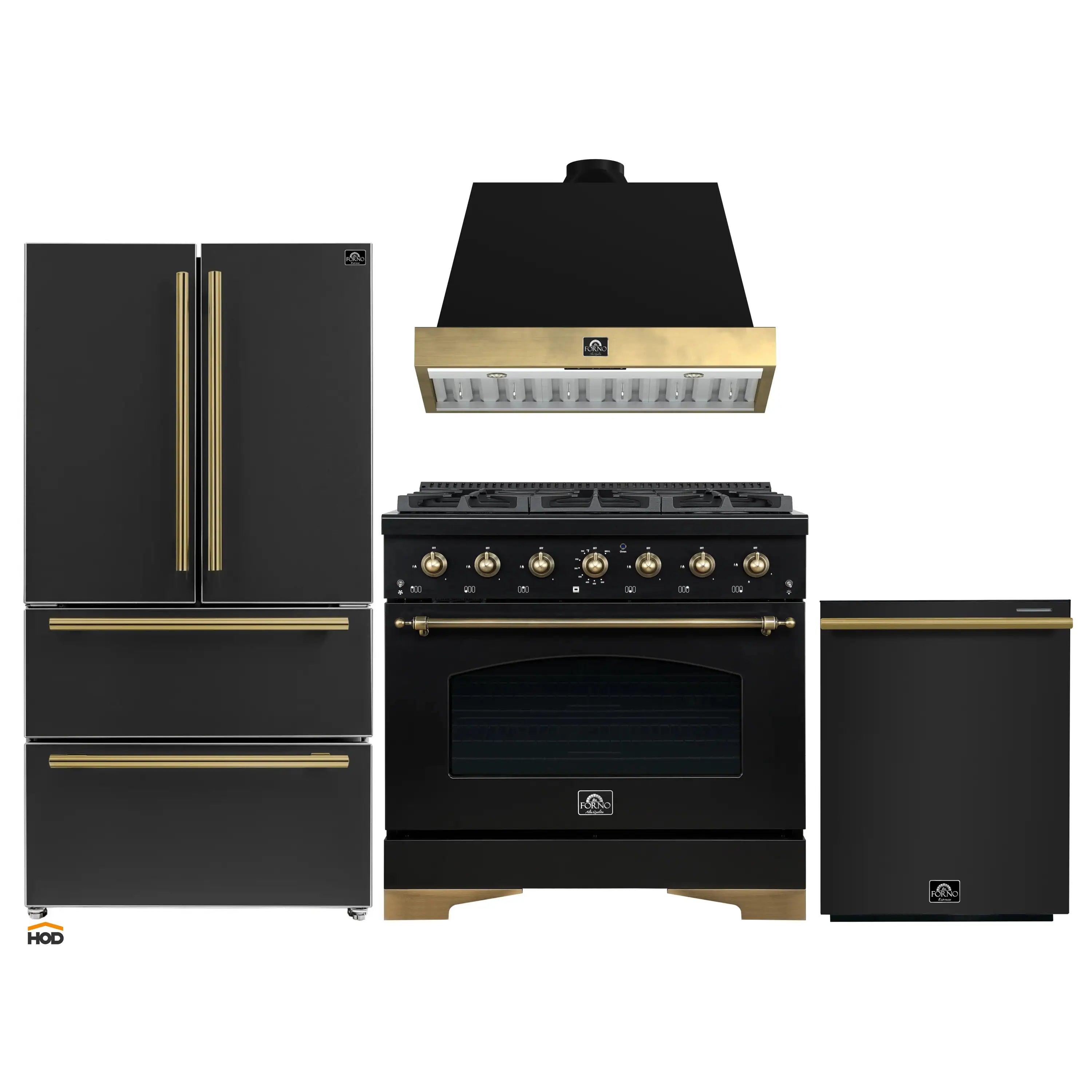 Black appliance package with dual fuel range, hood, refrigerator, and dishwasher