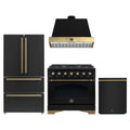 Forno Antico 4-Piece Appliance Package - 36-Inch Dual Fuel Range, 36-Inch Hood, 36-Inch Refrigerator, & 24-Inch Dishwasher in Black with Antique Brass Trim