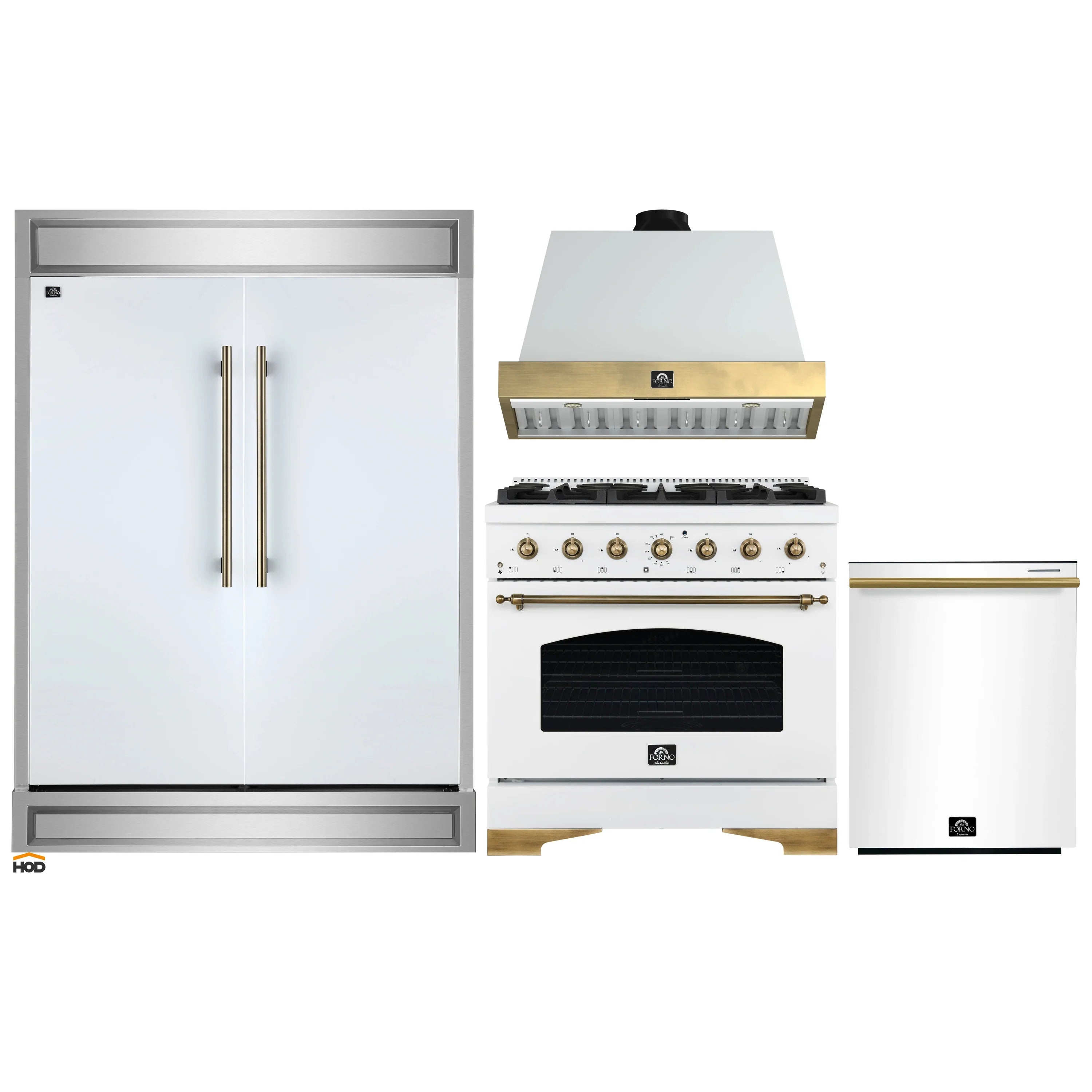 White kitchen appliance set with range hood, oven, refrigerator, and antique brass handles