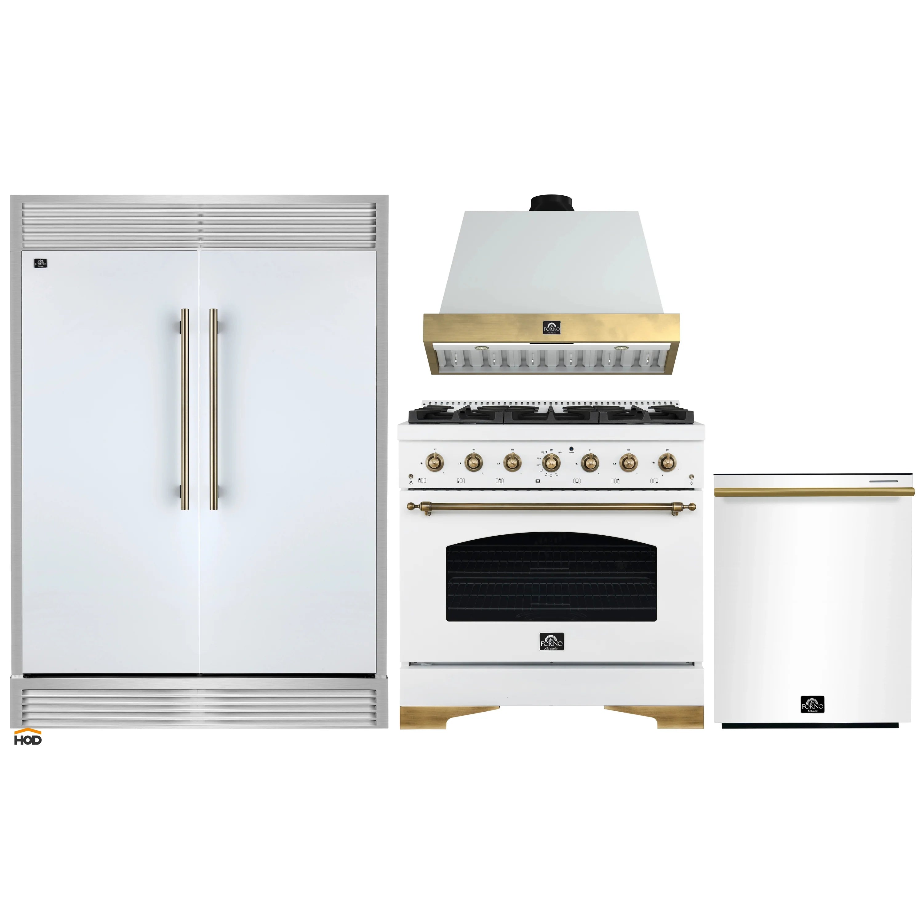 Kitchen appliance package showing white refrigerator, dual fuel range, dishwasher, and hood