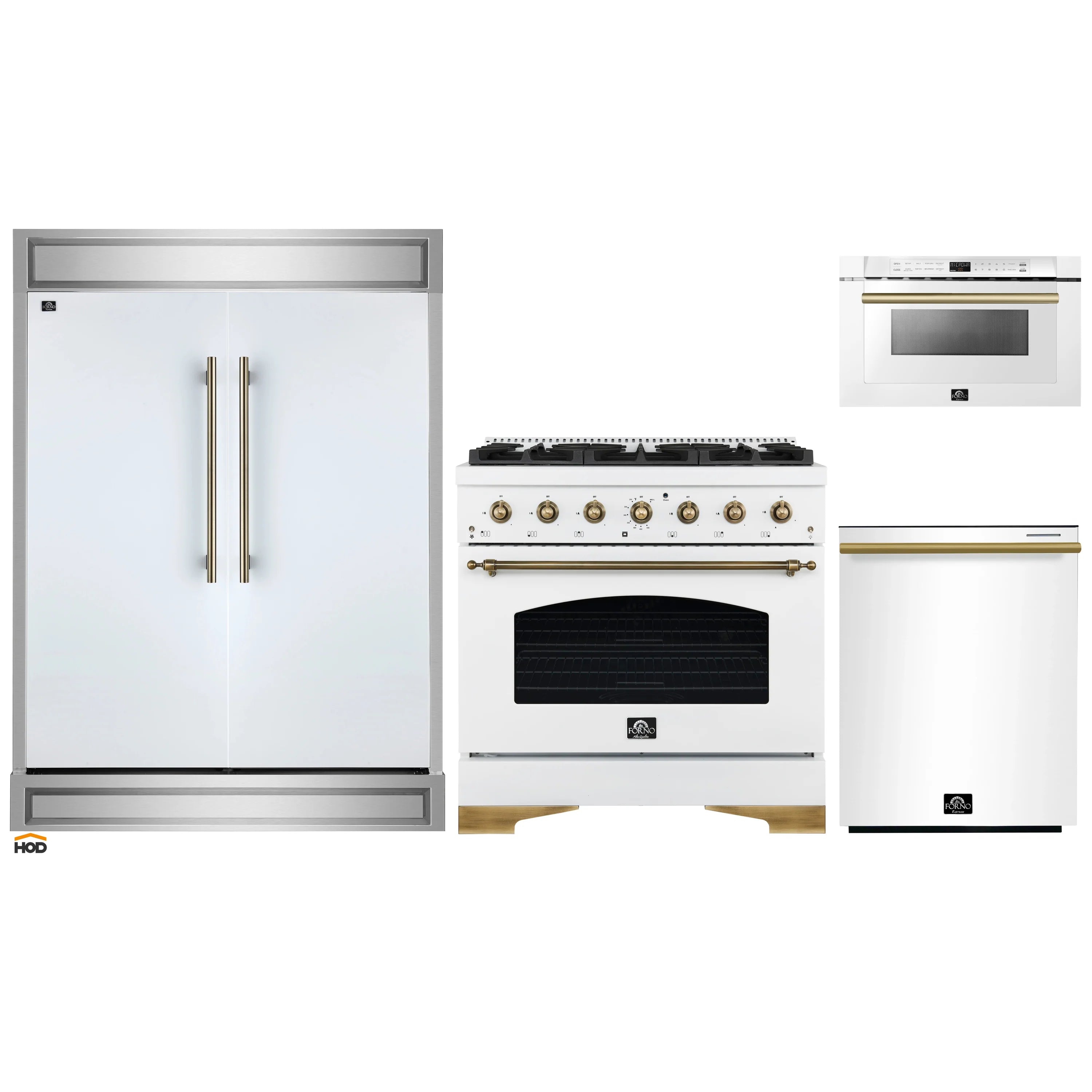 Kitchen appliance package with white range, refrigerator, and microwave drawer