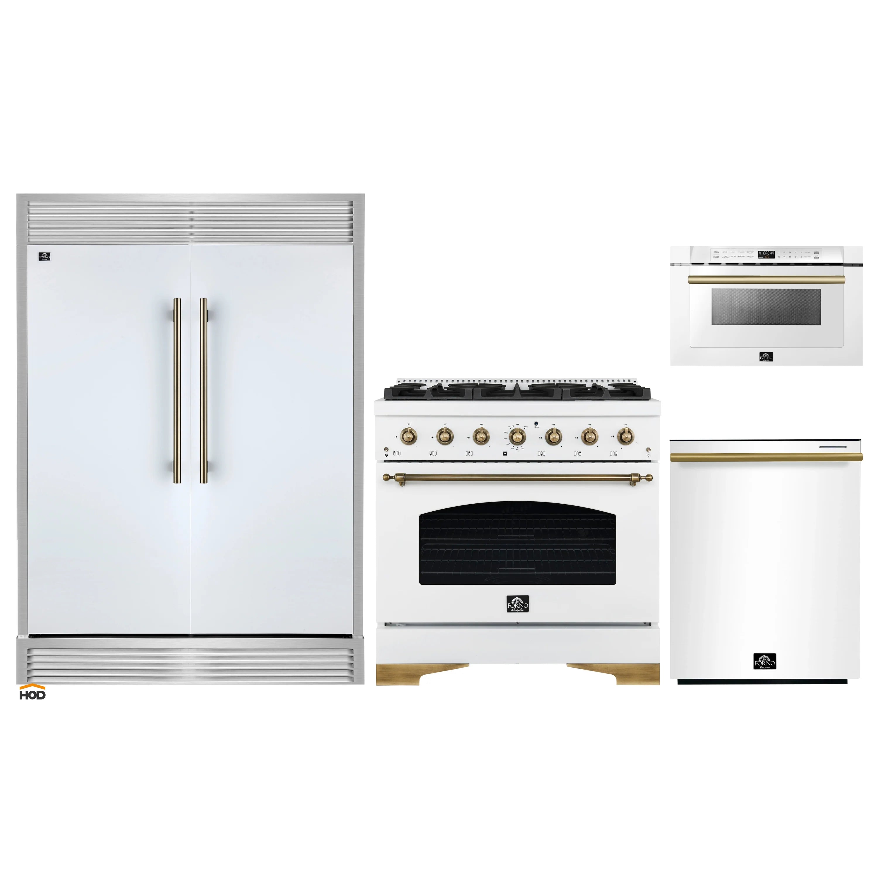 Kitchen appliance package: white refrigerator, gold range, and wall microwave
