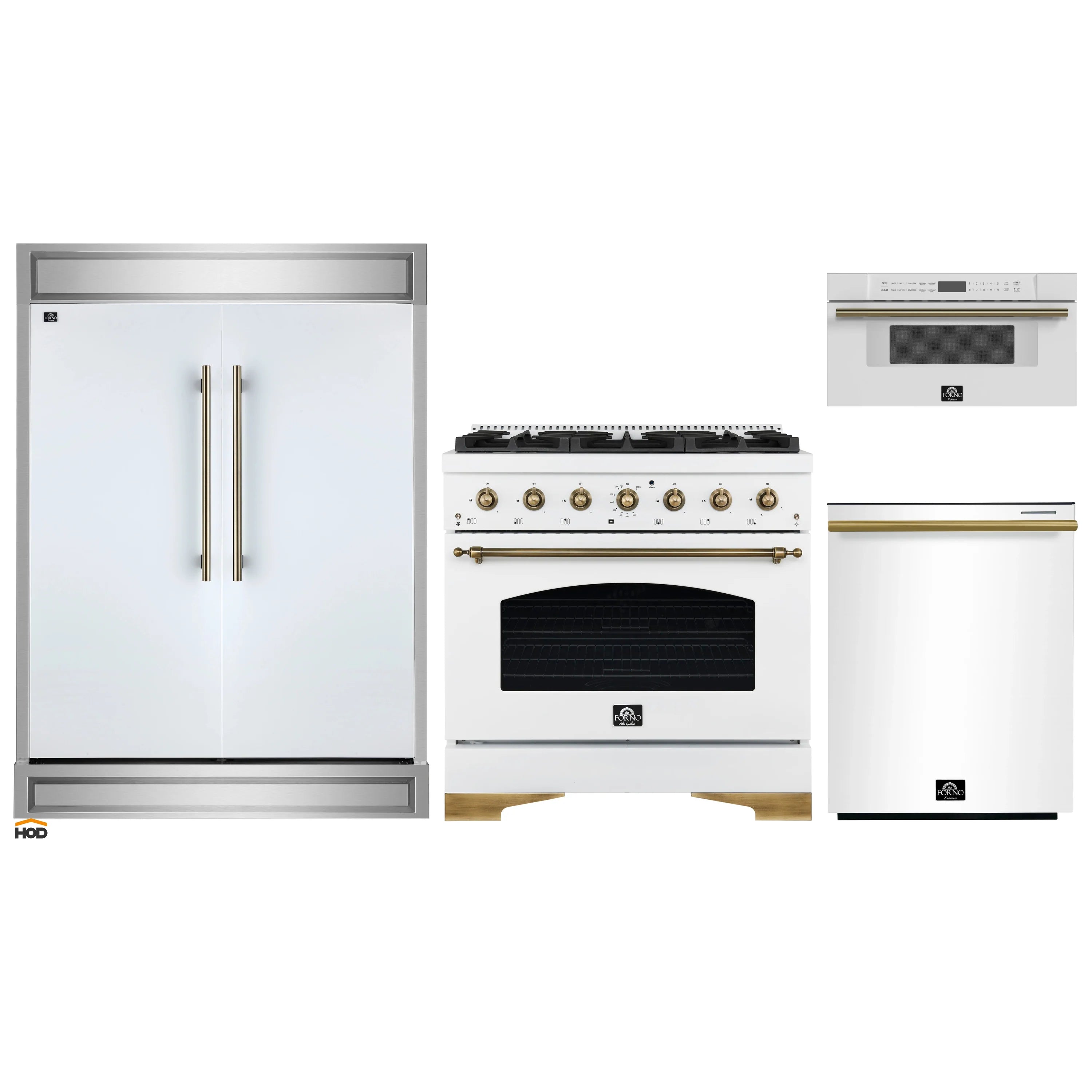 White appliance set showing a range, dishwasher, and microwave drawer with gold-tone accents