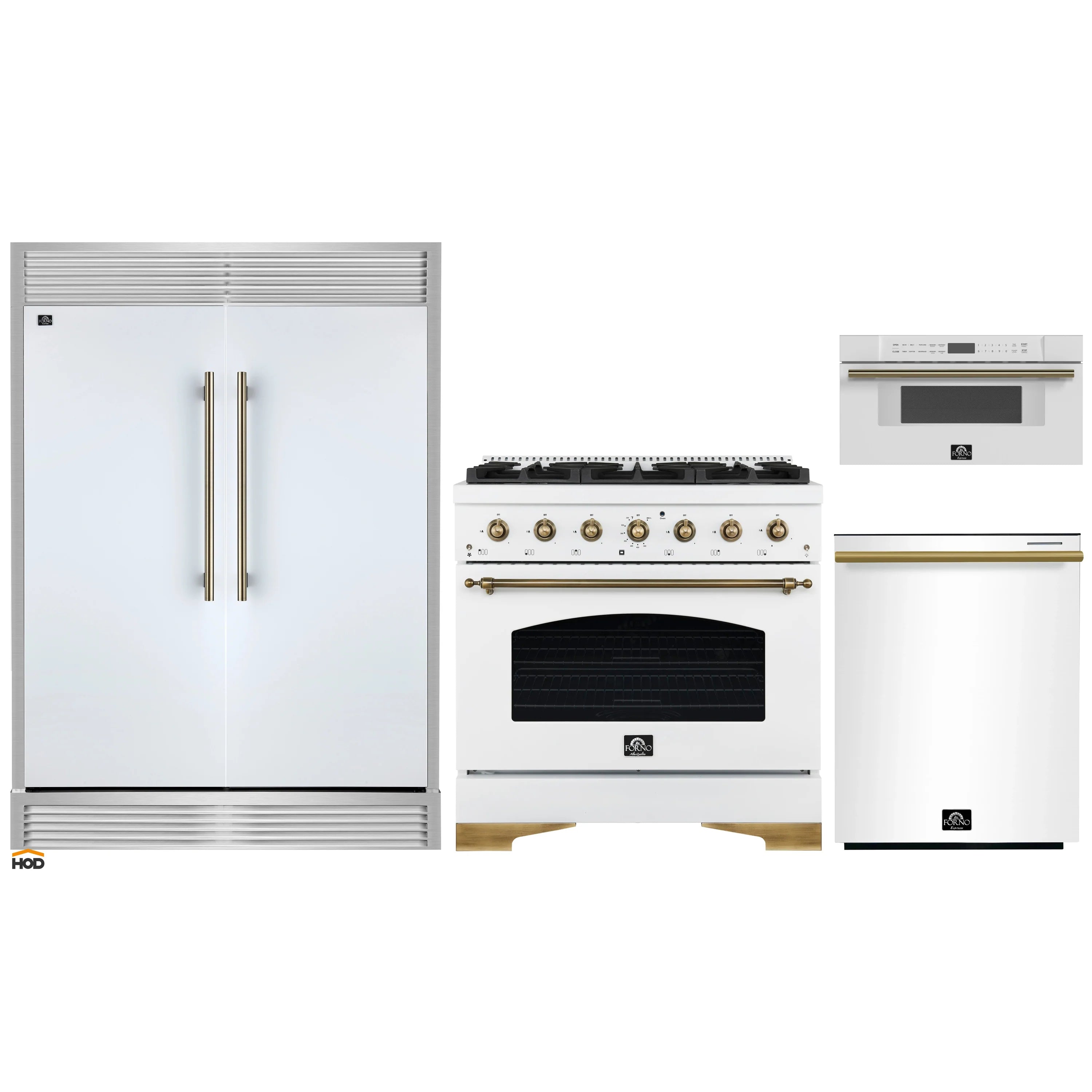 White appliance package layout: refrigerator, range oven, and microwave drawer