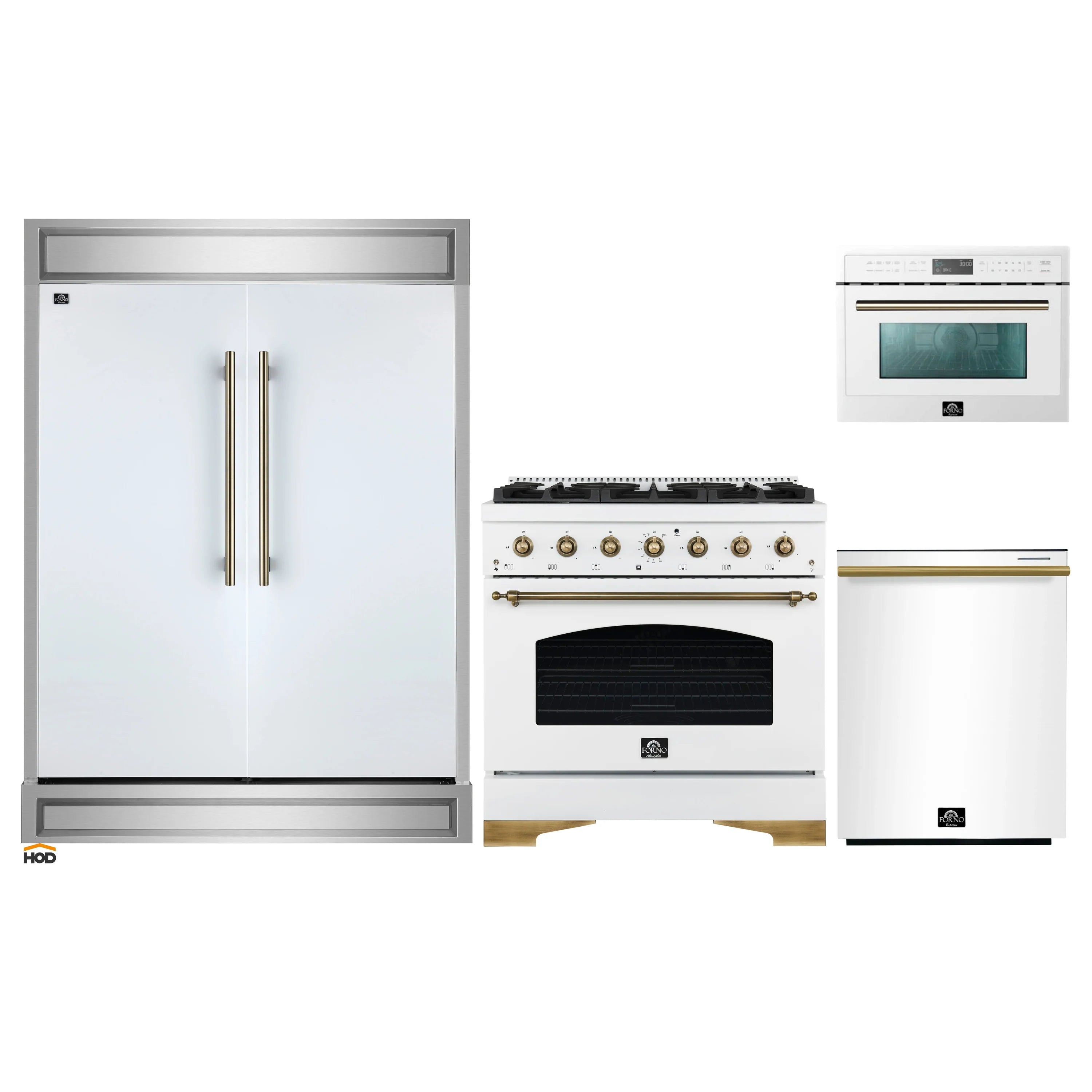 Kitchen appliance package showing refrigerator, dual-fuel range, and microwave