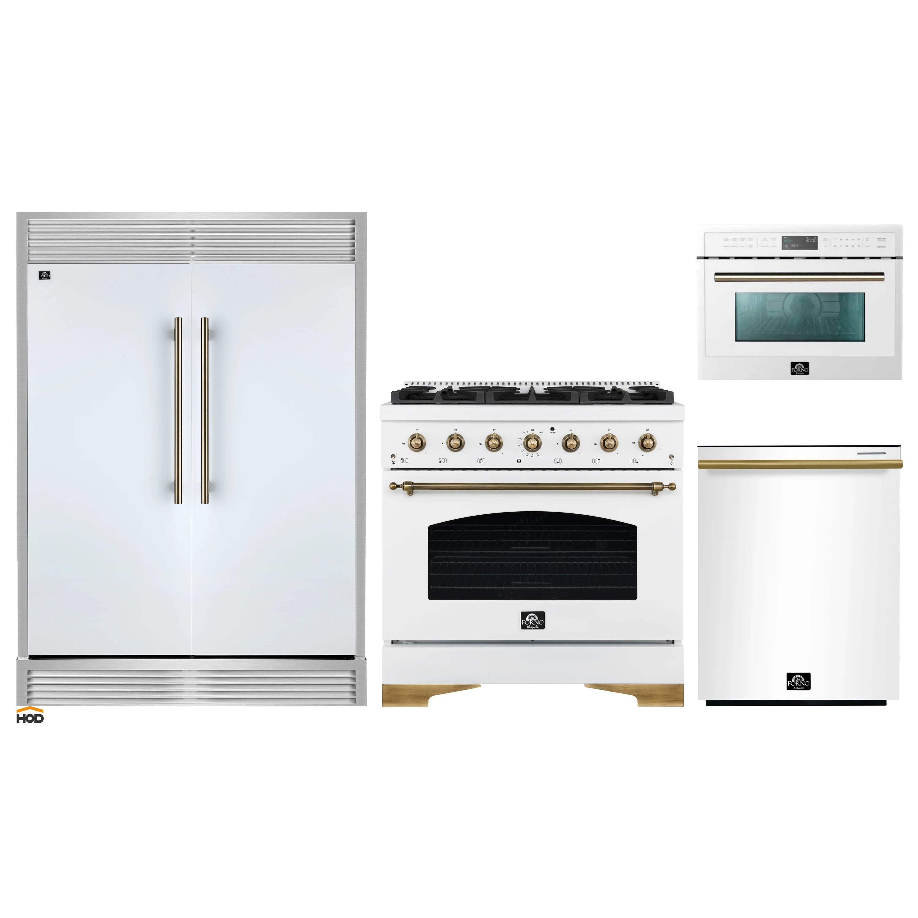 White 4-piece appliance package with brass-accent range, oven, microwave, and refrigerator