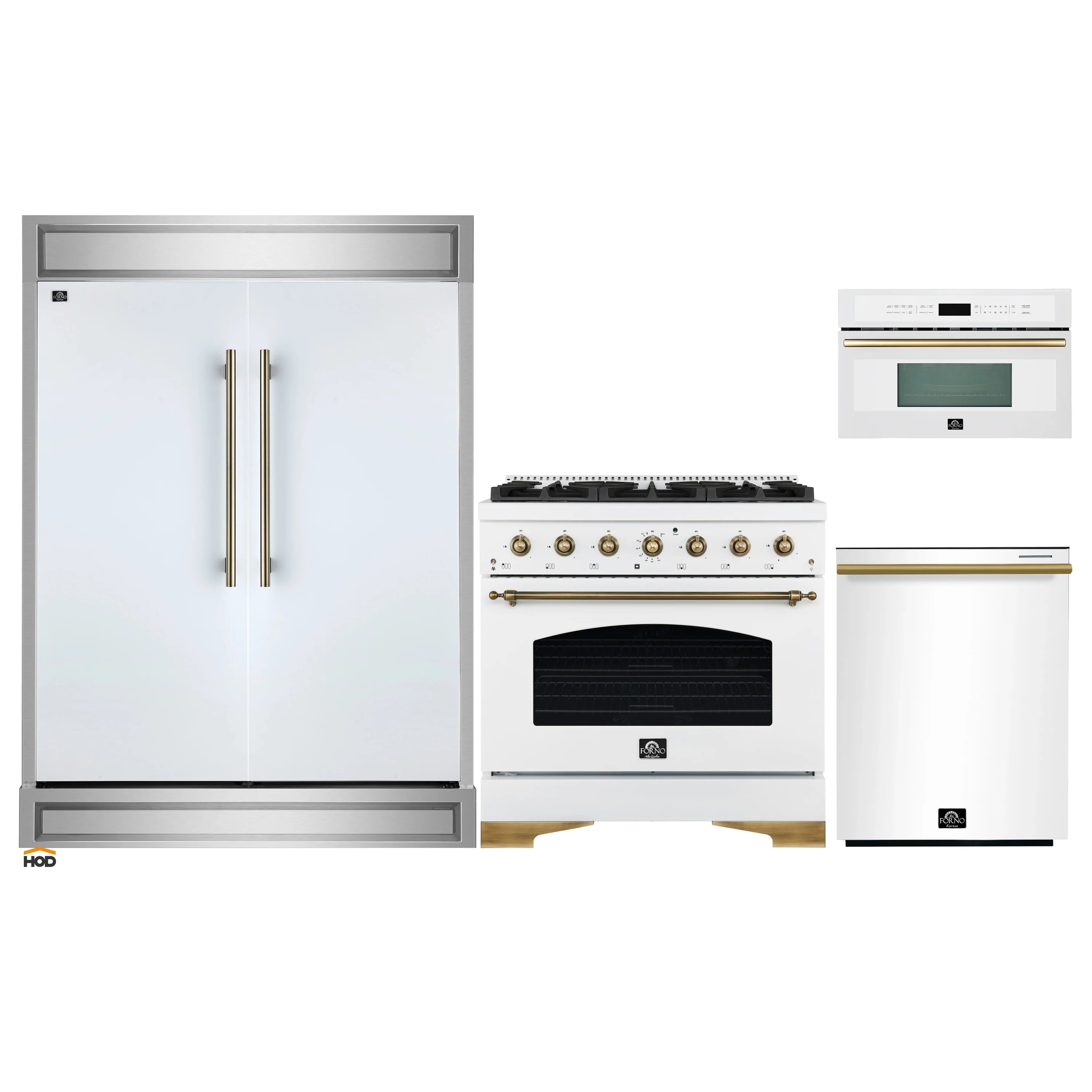 White kitchen appliance bundle showing refrigerator door, range and microwave