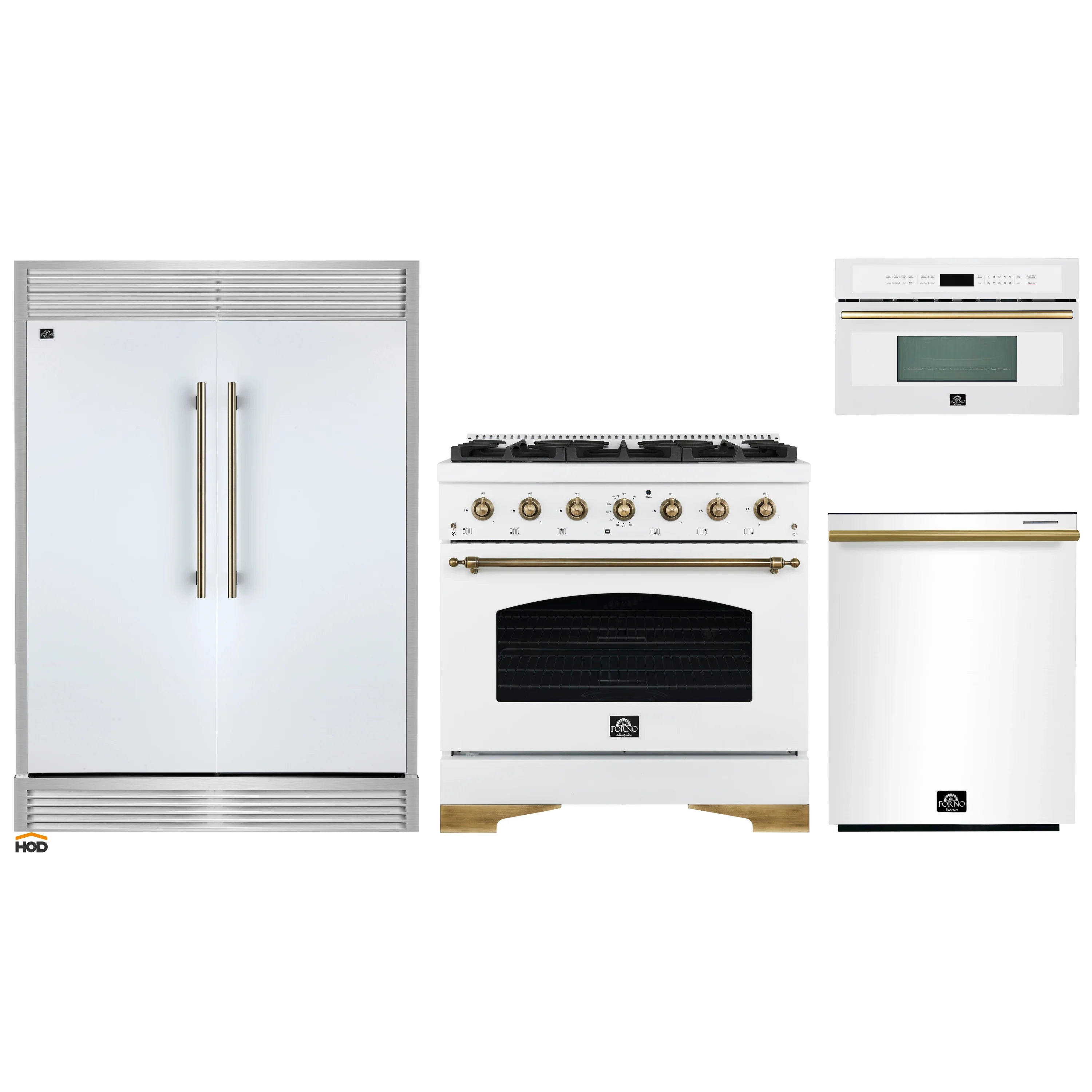 White appliance package with refrigerator, range, microwave, and hood in brass