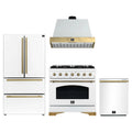 Forno Antico 4-Piece Appliance Package - 36-Inch Dual Fuel Range, 36-Inch Hood, 36-Inch Refrigerator, & 24-Inch Dishwasher in White with Antique Brass Trim