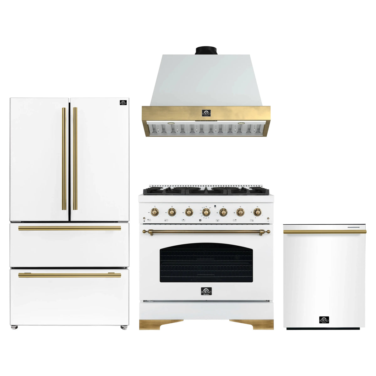 Forno Antico 4-Piece Appliance Package - 36-Inch Dual Fuel Range, 36-Inch Hood, 36-Inch Refrigerator, & 24-Inch Dishwasher in White with Antique Brass Trim