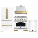 Forno Antico 4-Piece Appliance Package - 36-Inch Dual Fuel Range, 36-Inch Hood, 36-Inch Refrigerator, & 24-Inch Dishwasher in White with Antique Brass Trim