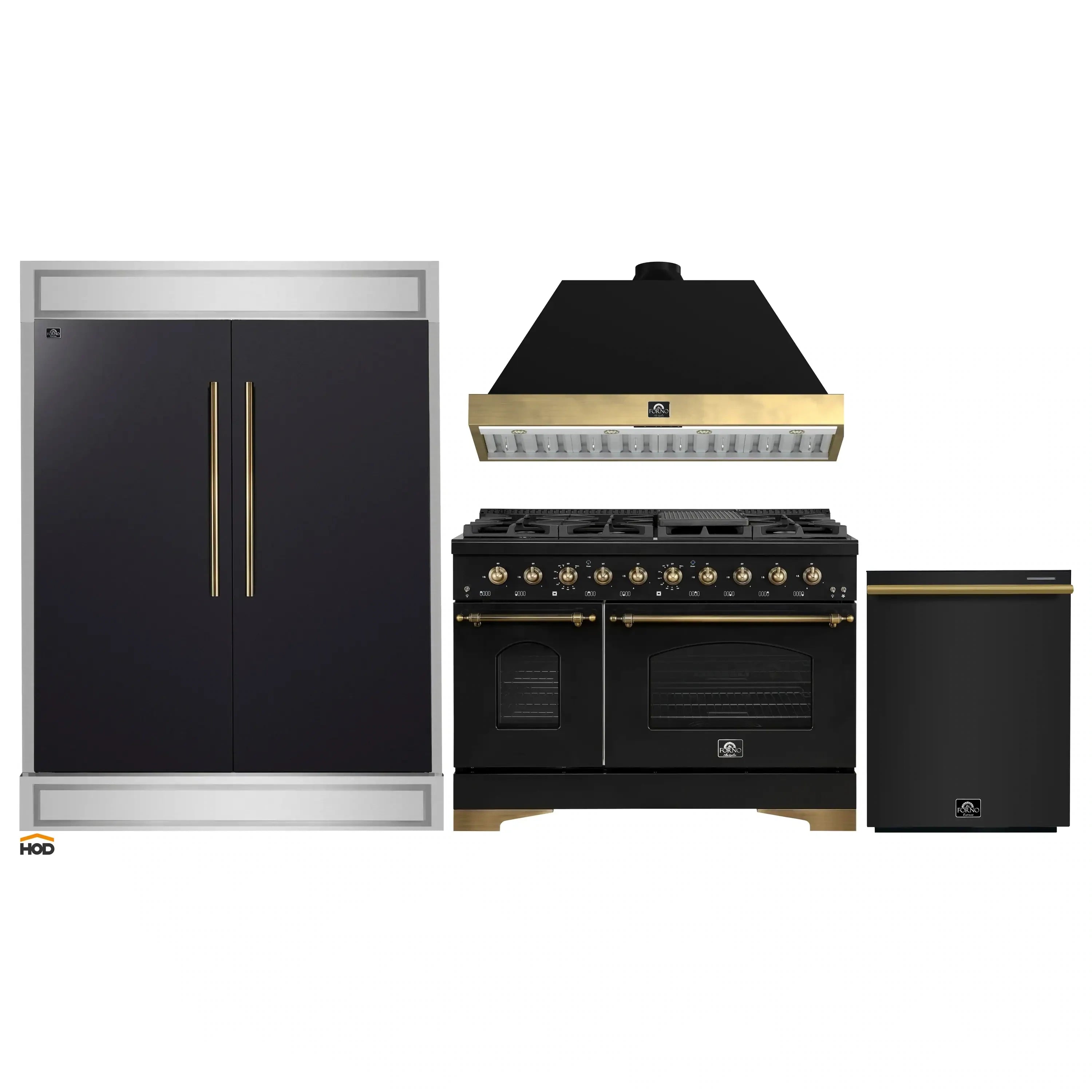 Black appliance package: refrigerator, dual-fuel range, and dishwasher with brass trim
