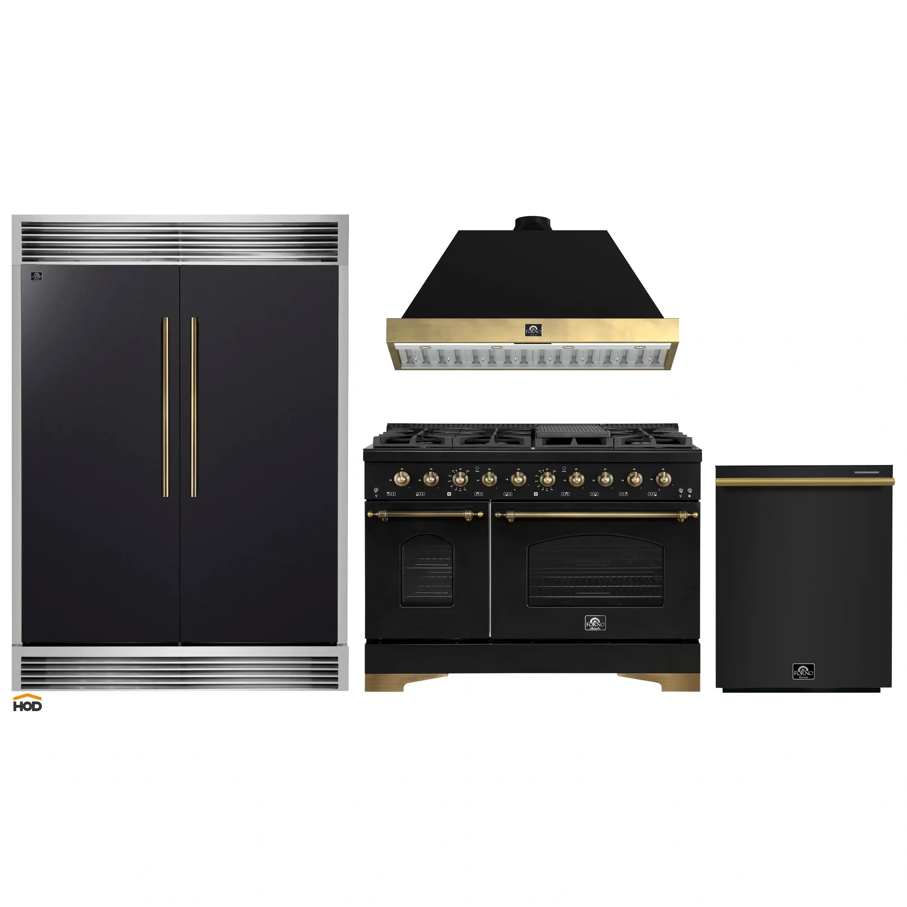 Black refrigerator, black freestanding range, and black dishwasher with brass handles