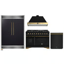 Forno 4-Piece Appliance Package - 48-Inch Dual Fuel Range, 60-Inch Convertible Refrigerator with Modern Grille Trim, Dishwasher, in Black with Antique Brass Handle