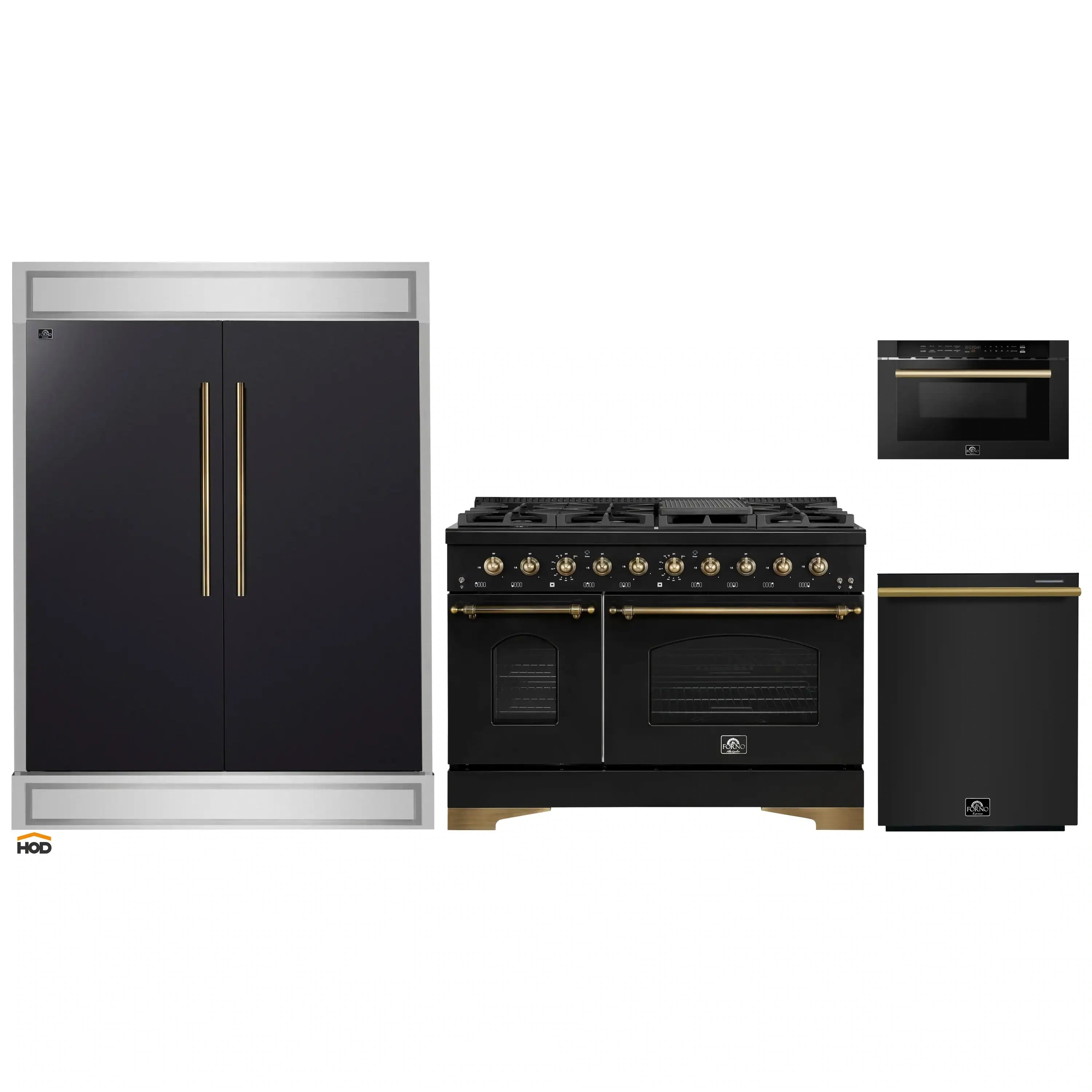 Kitchen appliance set with black range, refrigerator doors, and microwave drawer