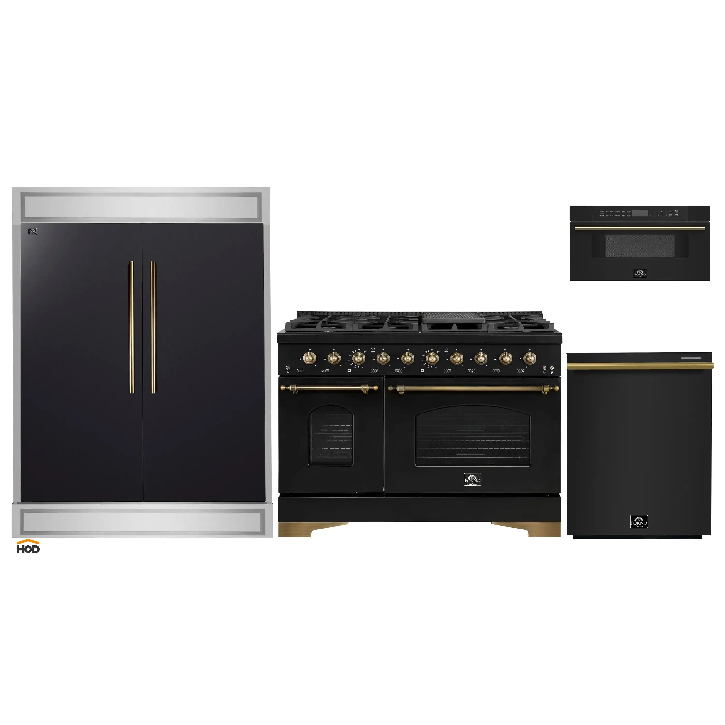 Black 4-piece appliance package with antique brass handles: range, refrigerator, dishwasher