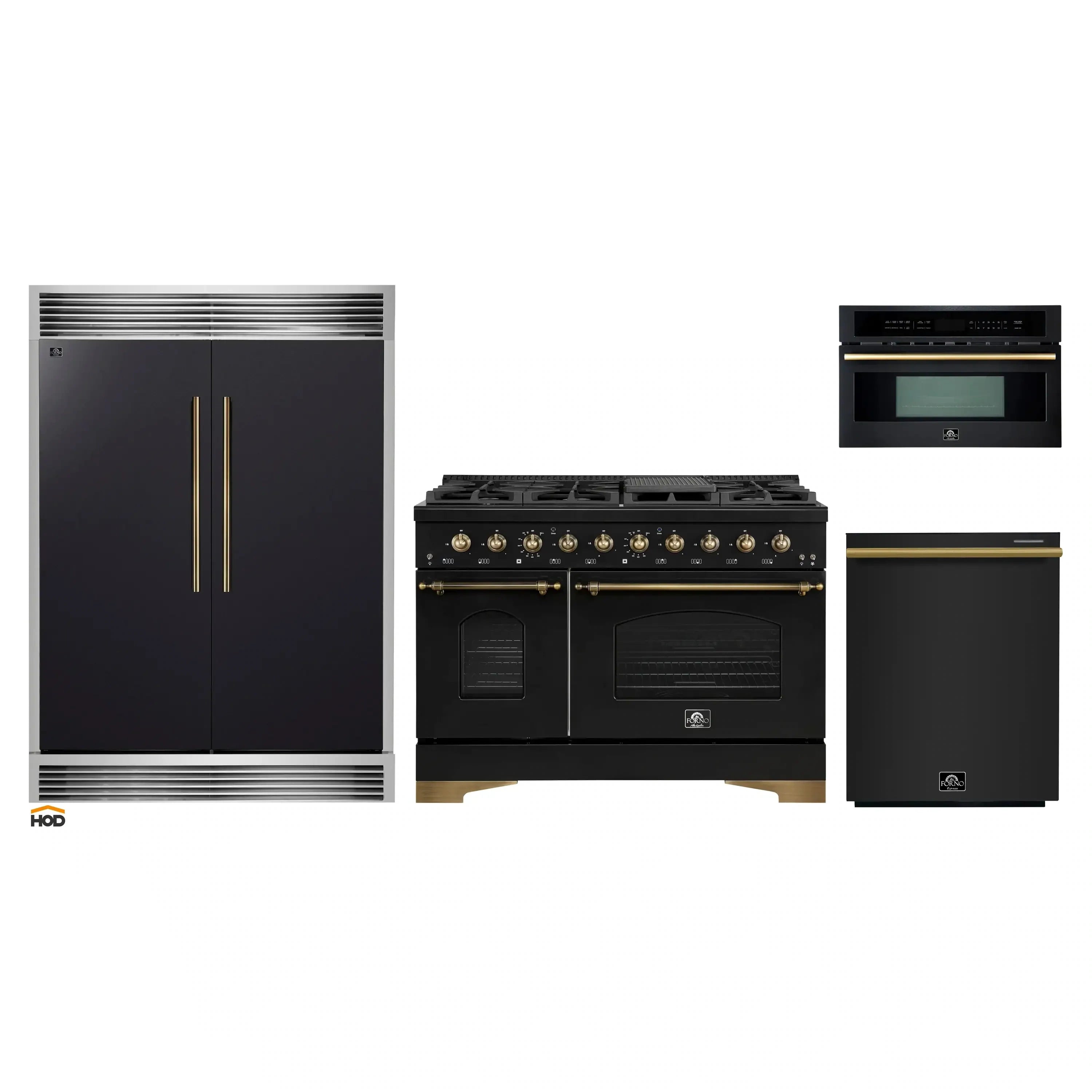 Black 4-piece appliance package with brass-accent doors: fridge, range, dishwasher, microwave