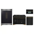 Forno 4-Piece Appliance Package - 48-Inch Dual Fuel Range, 60-Inch Convertible Refrigerator with Modern Grille Trim, Dishwasher, and 30-Inch Microwave Oven in Black with Antique Brass Handle