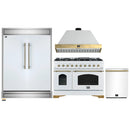 Forno 4-Piece Appliance Package - 48-Inch Dual Fuel Range, Wall Mount Range Hood, 60-Inch Refrigerator, Dishwasher in White with Antique Brass Handle