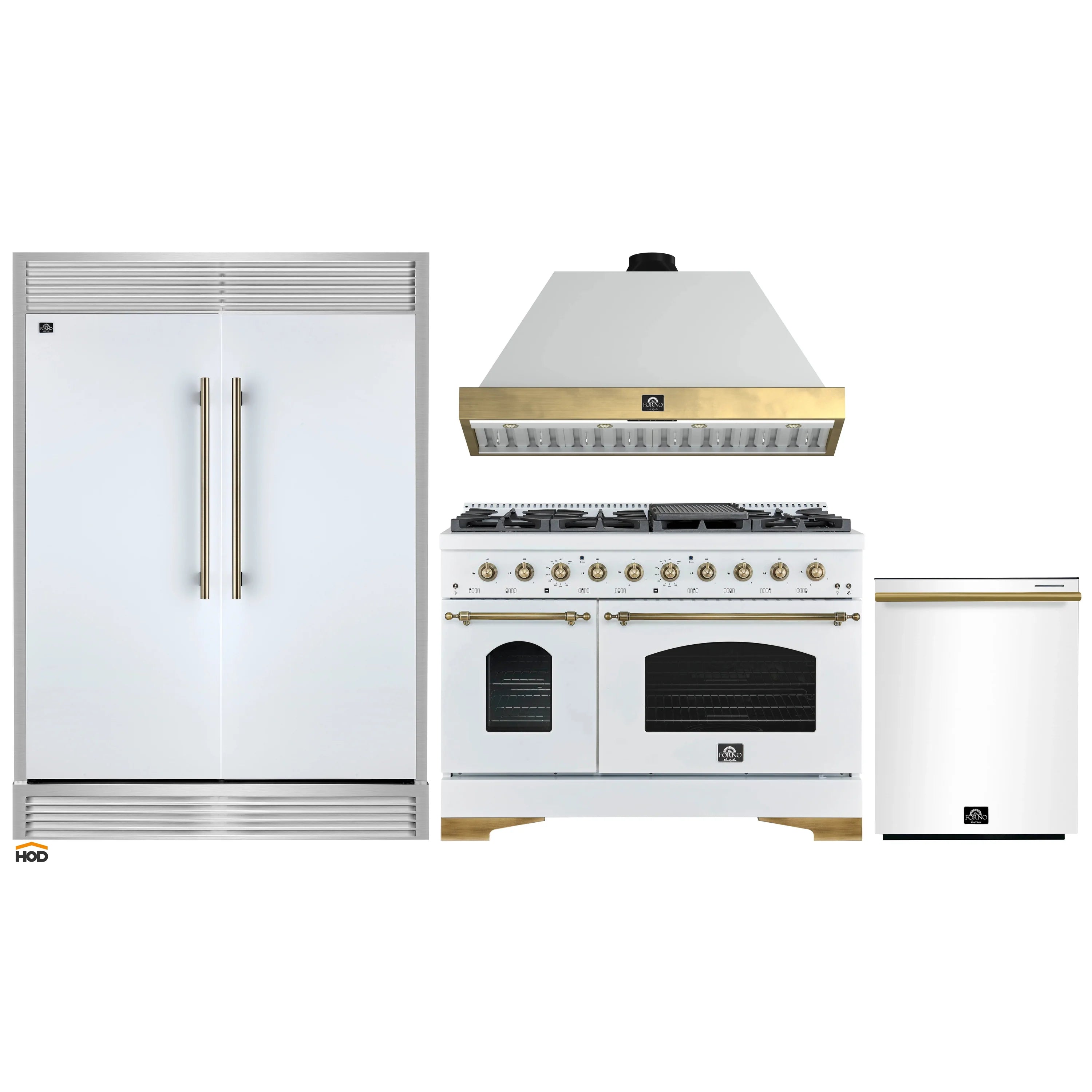 Kitchen appliance package with white refrigerator, gas range, and wall hood