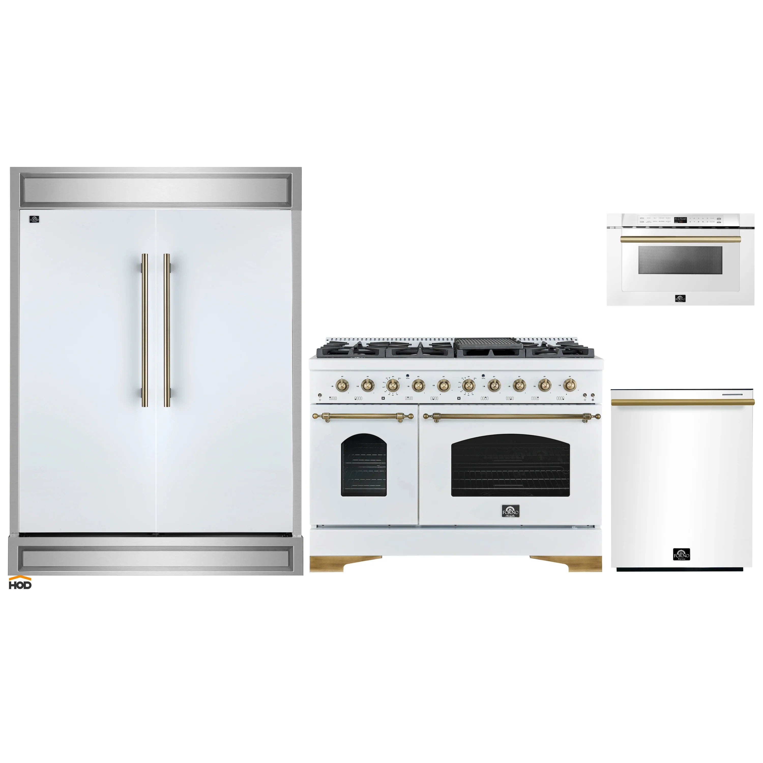 Appliance package view: white refrigerator door and dual-fuel range with brass knobs