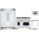 Forno 4-Piece Appliance Package - 48-Inch Dual Fuel Range, 60-Inch Refrigerator, Dishwasher, & 24-Inch Microwave Drawer in White with Antique Brass Handle