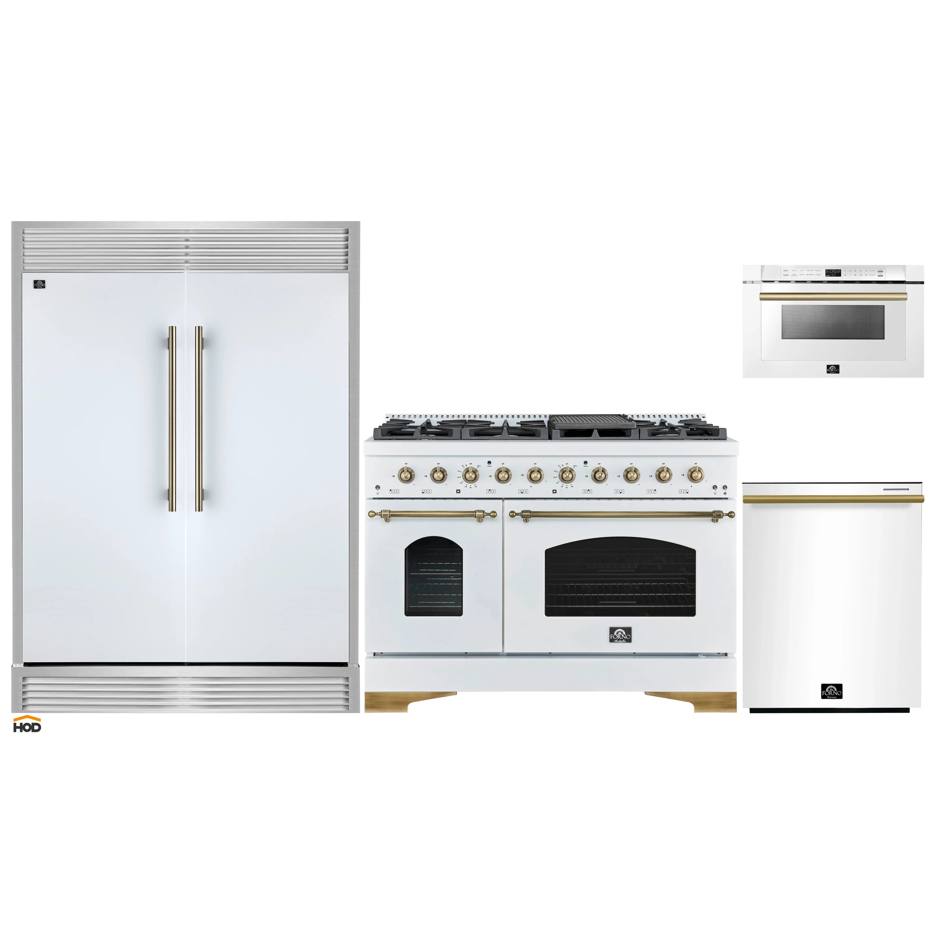 White refrigerator with two vertical antique brass bar handles and top vent