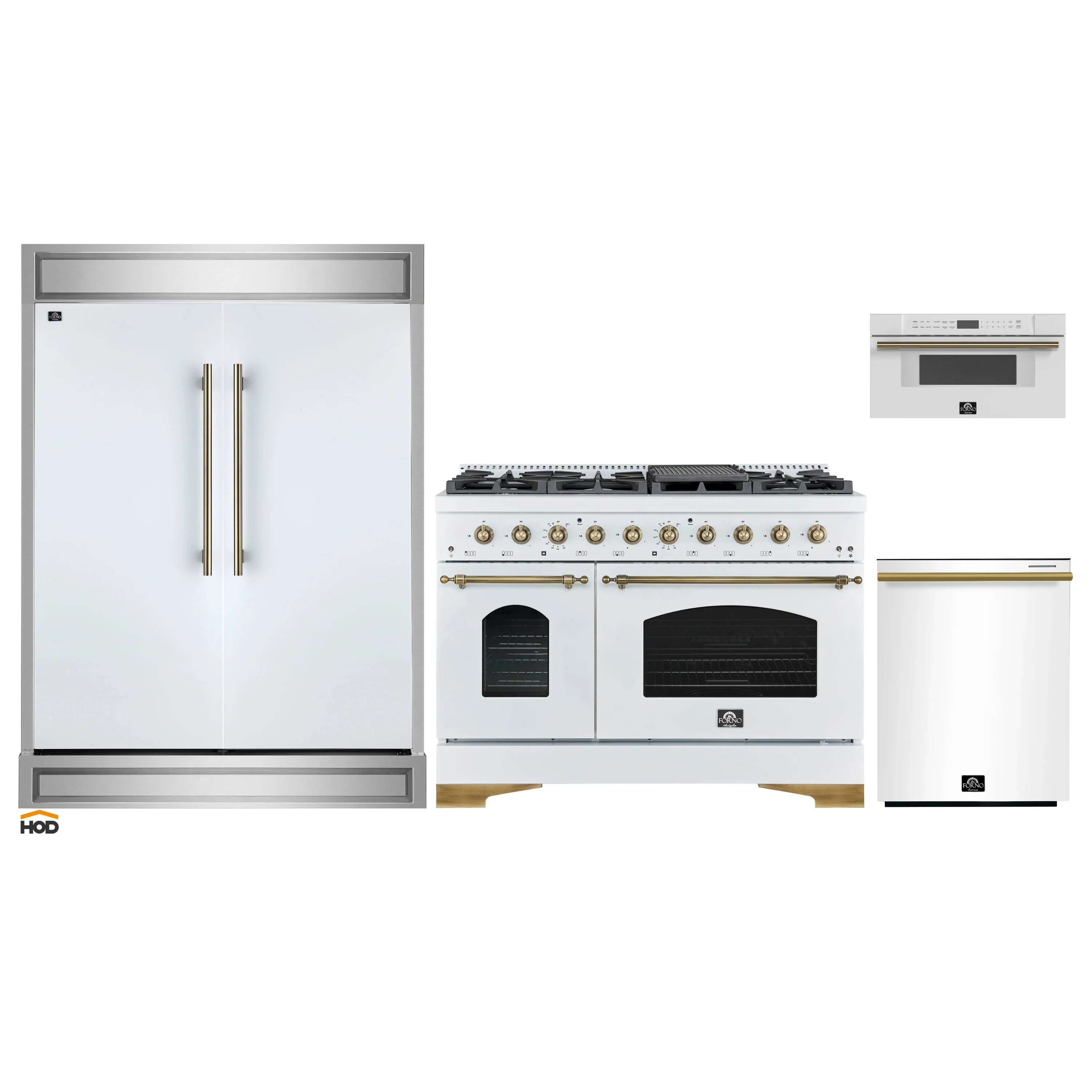 Kitchen appliance package with white refrigerator, range, and white microwave drawer set