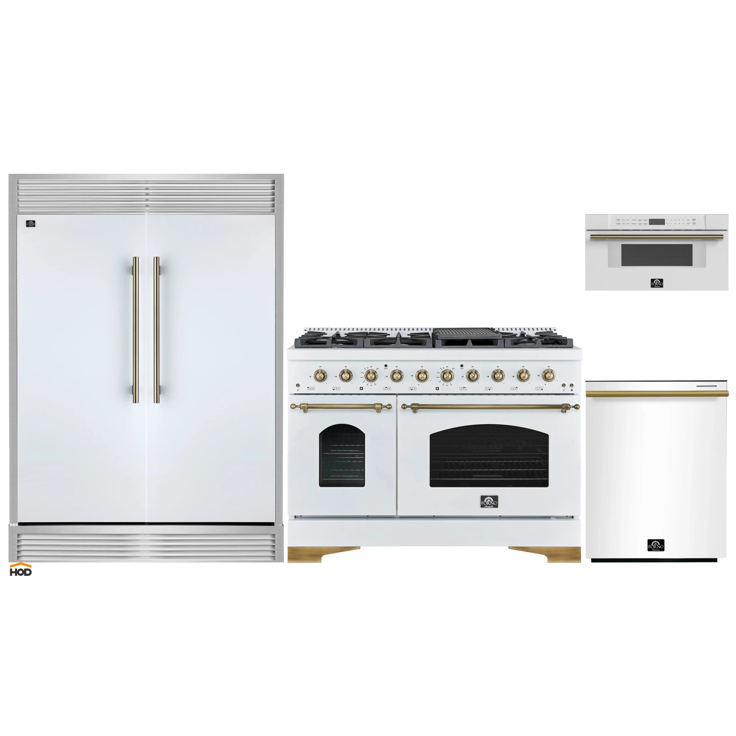 White refrigerator with brass handle beside gas range and built-in microwave.