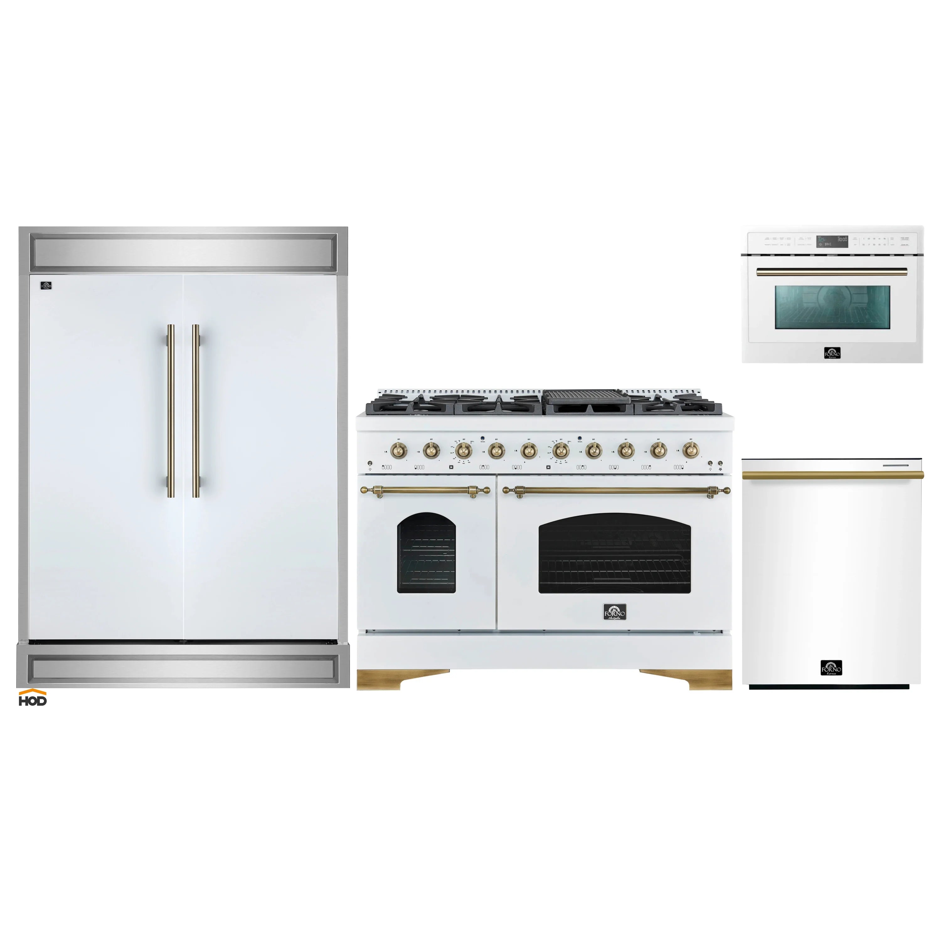 White appliance set featuring refrigerator door, range, and microwave units
