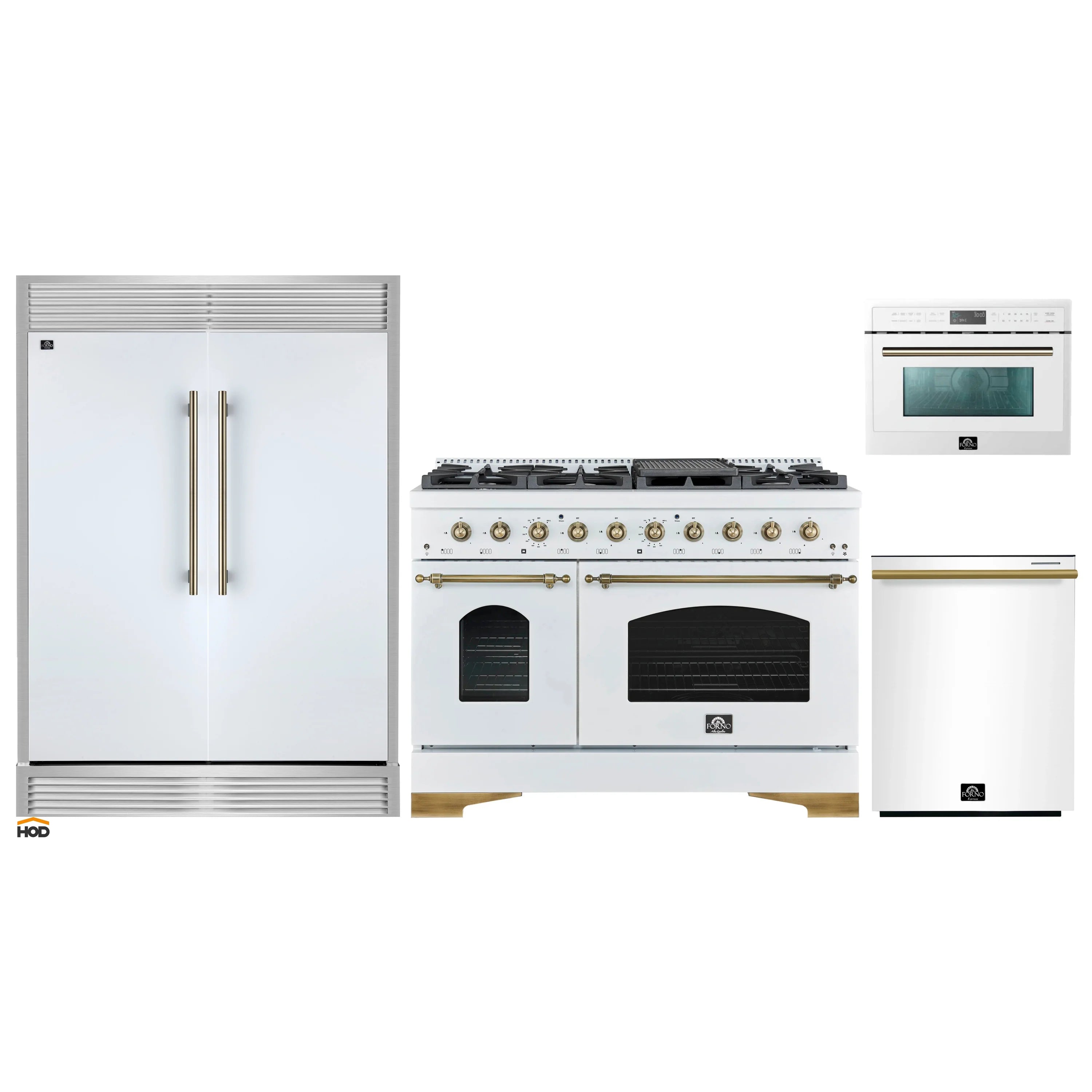 4-piece white appliance package: dual fuel range, refrigerator, dishwasher, and microwave