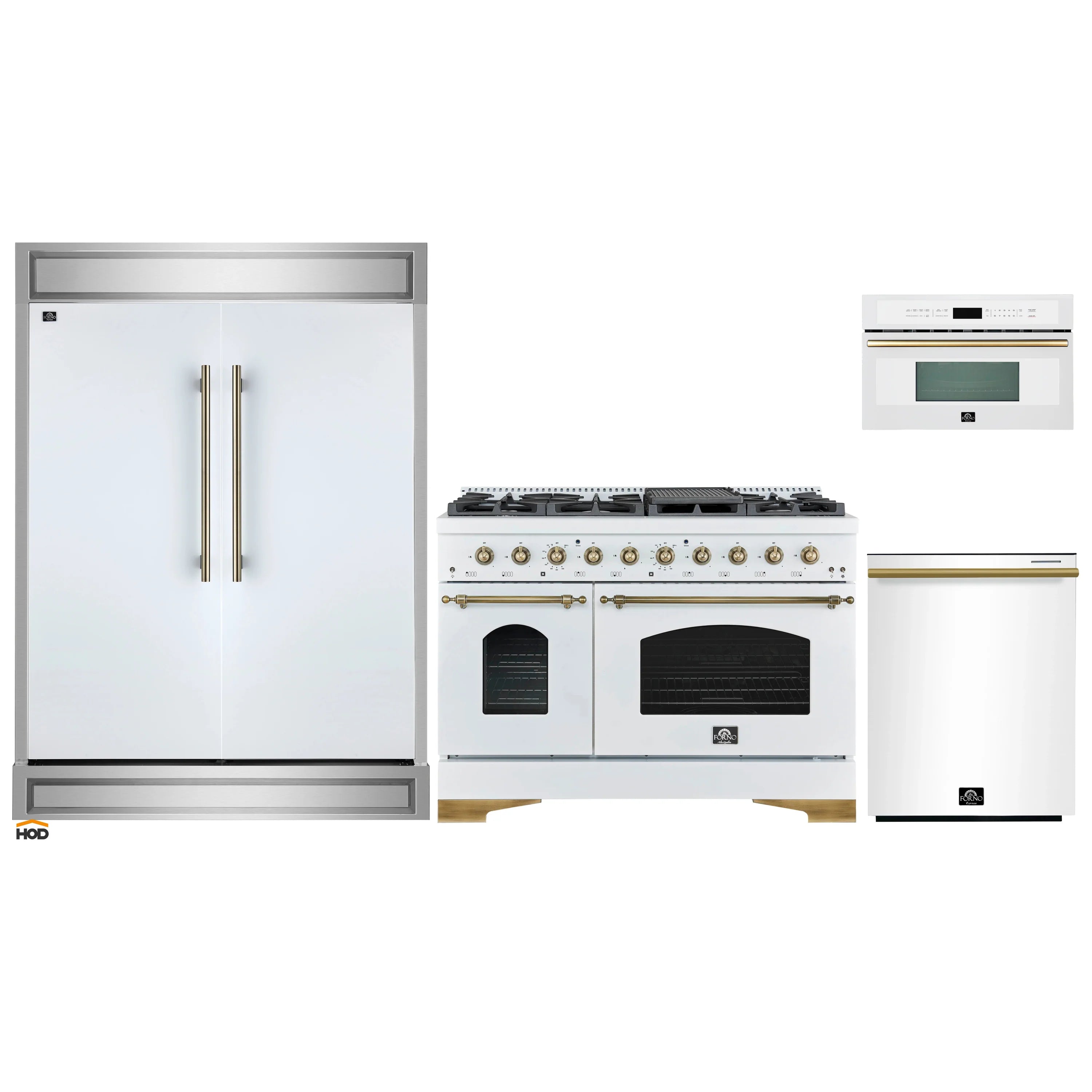 White appliance set with refrigerator, freestanding range, and microwave with brass handles
