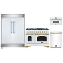 Forno 4-Piece Appliance Package - 48-Inch Dual Fuel Range, 60-Inch Refrigerator, Dishwasher, & 30-Inch Microwave Oven in White with Antique Brass Handle