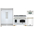 Forno 4-Piece Appliance Package - 48-Inch Antico Dual Fuel Range, 60-Inch Refrigerator, Dishwasher, & 30-Inch Microwave Oven in White with Antique Brass Handle