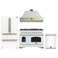 Forno Antico 4-Piece Appliance Package - 48-Inch Dual Fuel Range, 48-Inch Hood, 36-Inch Refrigerator, & 24-Inch Dishwasher in White with Antique Brass Trim