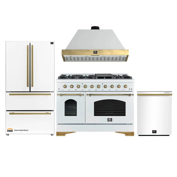 Forno Antico 4-Piece Appliance Package - 48-Inch Dual Fuel Range, 48-Inch Hood, 36-Inch Refrigerator, & 24-Inch Dishwasher in White with Antique Brass Trim